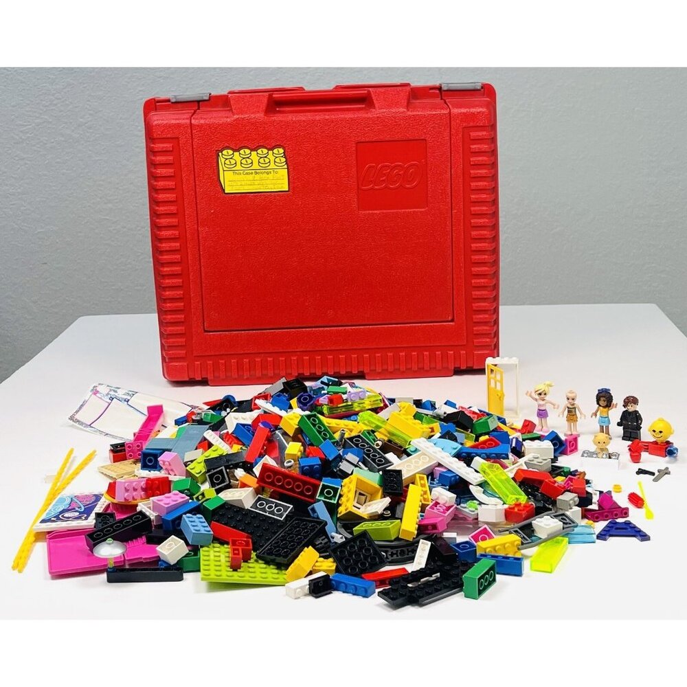 VTG 1980s LEGO Red Hard Plastic Carrying Case w/ 3+ lbs Bricks & Figures *READ*